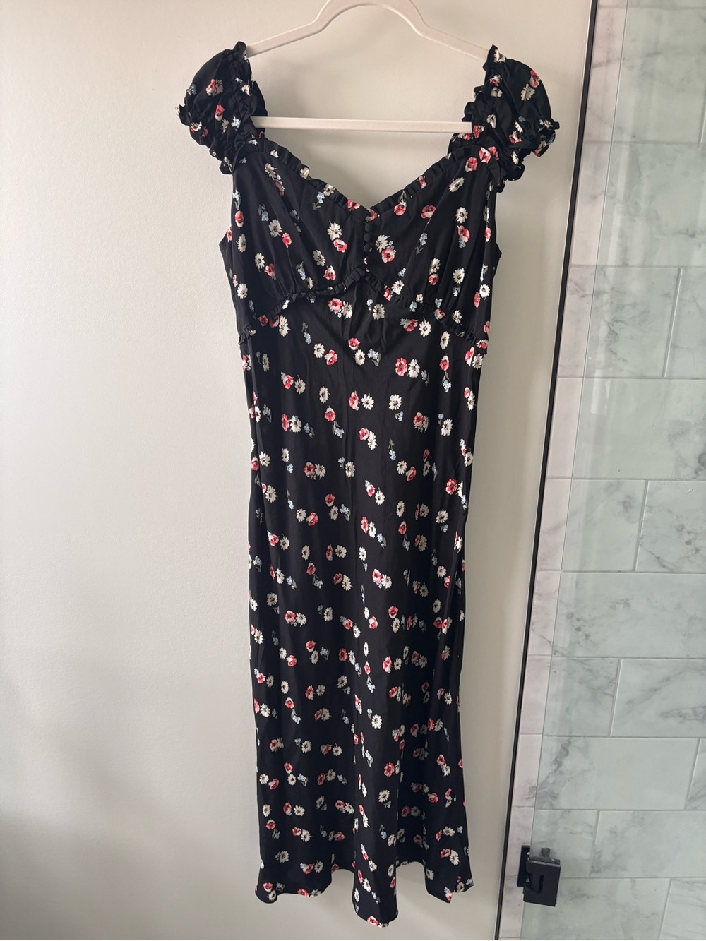 NWT Gap Black Floral Midi Dress with Pink & White Blossoms